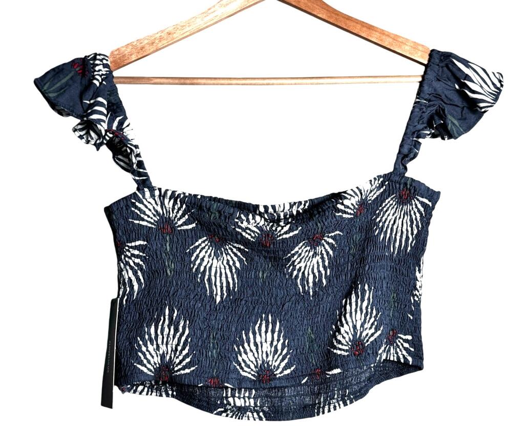 Lulus Trancoso Dusty Blue Tropical Print Smocked Crop Tank Top Size Med